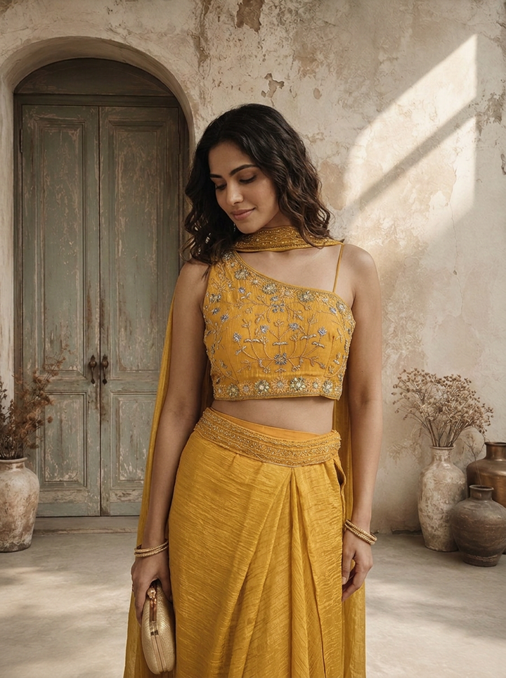 Mustard Tissue Floral Embroidered Three Piece Set