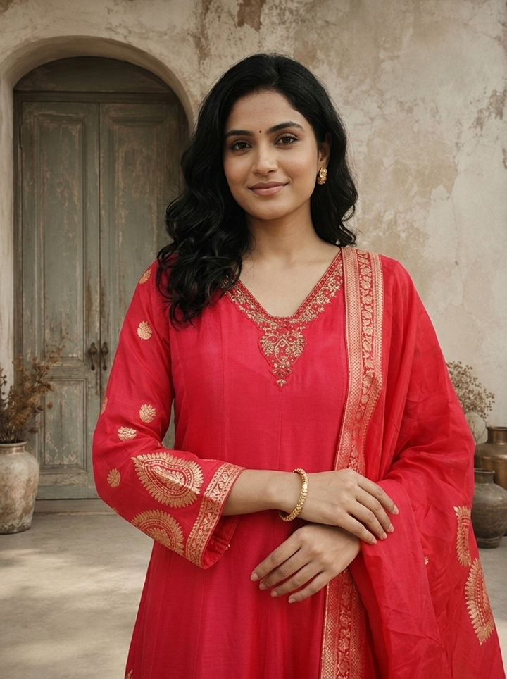 Rani Pink Silk Ethnic Weaved Three Piece Set