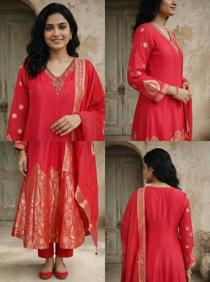 Rani Pink Silk Ethnic Weaved Three Piece Set