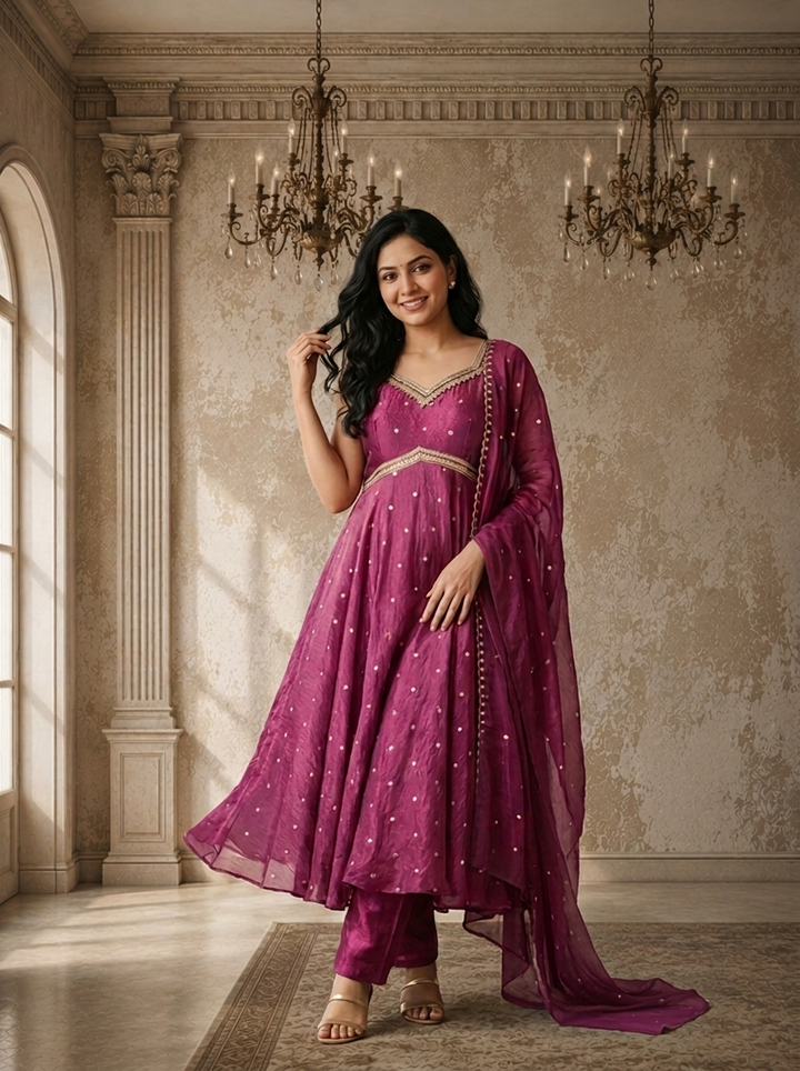 Wine Tissue Booti Printed Three Piece Set