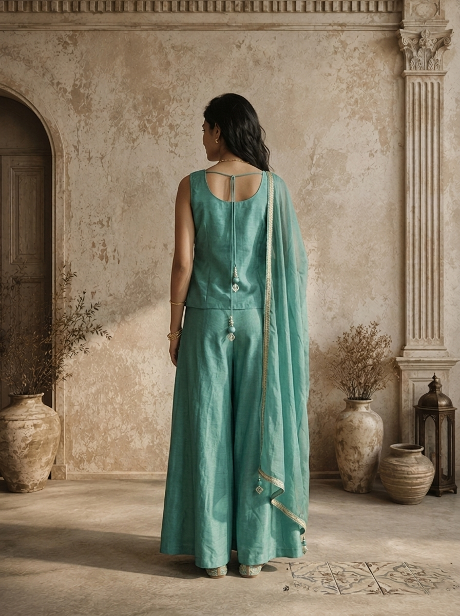 Sea Green Chinon Zari Jaal Embroidered Three Piece Set