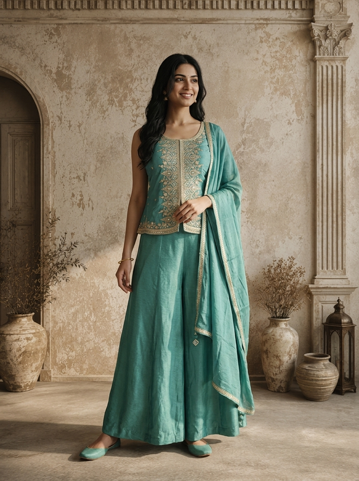 Sea Green Chinon Zari Jaal Embroidered Three Piece Set