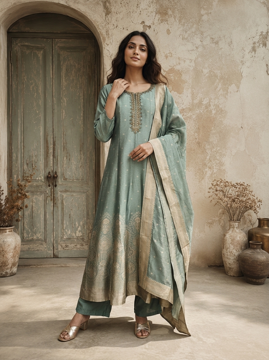 Sea Green Silk Golden Buti Weaved Three Piece Set