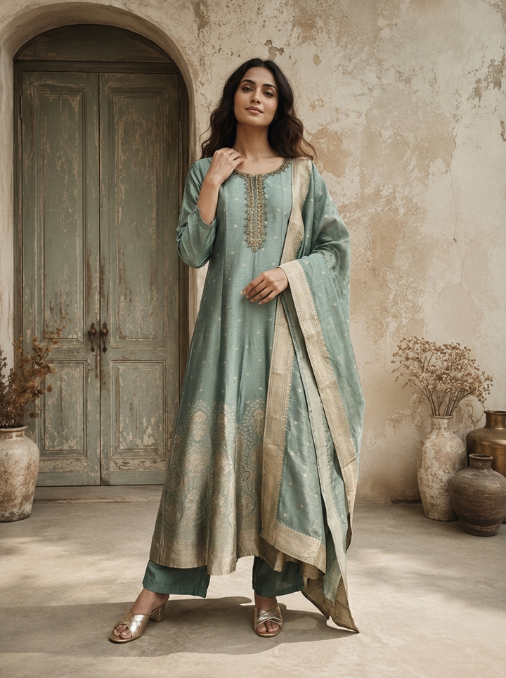 Sea Green Silk Golden Buti Weaved Three Piece Set