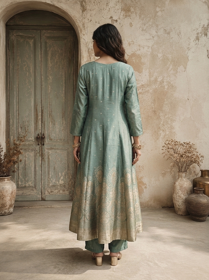 Sea Green Silk Golden Buti Weaved Three Piece Set