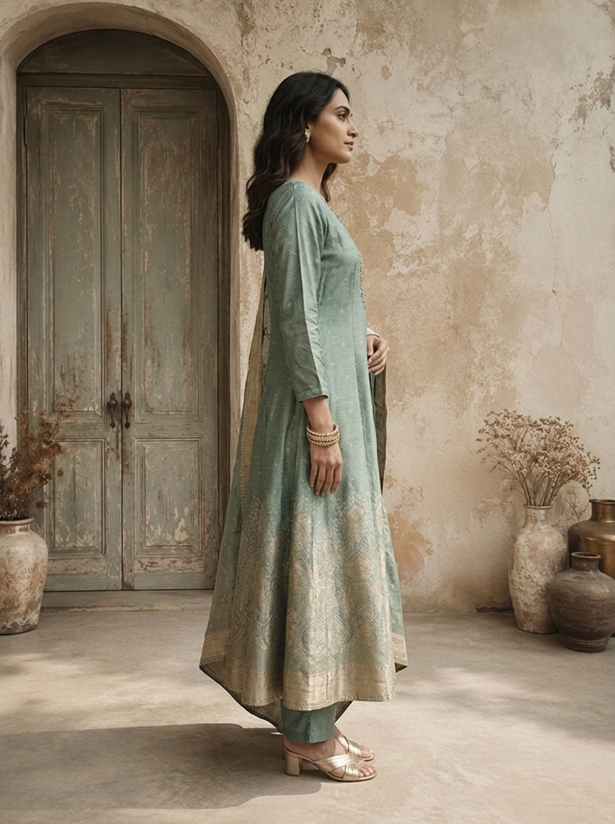 Sea Green Silk Golden Buti Weaved Three Piece Set
