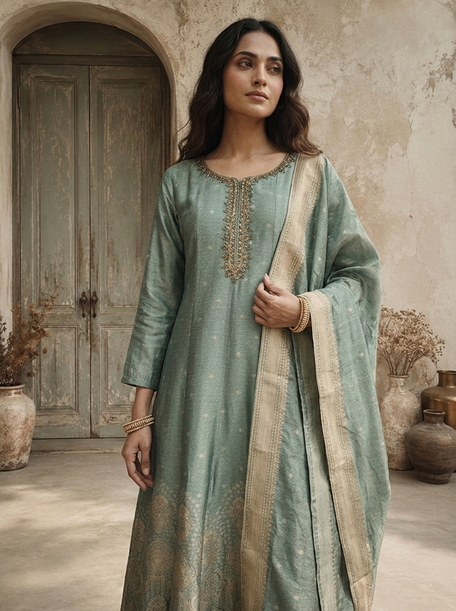Sea Green Silk Golden Buti Weaved Three Piece Set