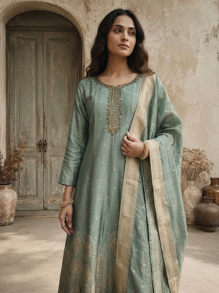 Sea Green Silk Golden Buti Weaved Three Piece Set