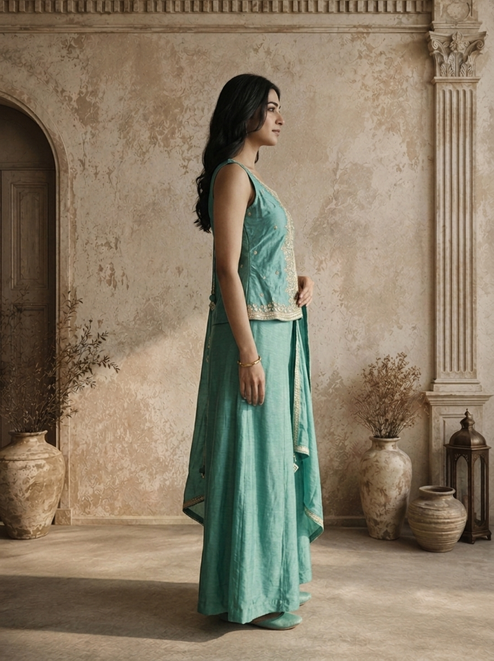 Sea Green Chinon Zari Jaal Embroidered Three Piece Set