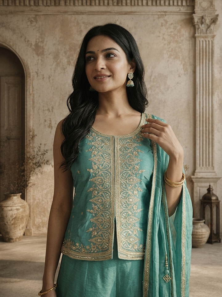 Sea Green Chinon Zari Jaal Embroidered Three Piece Set
