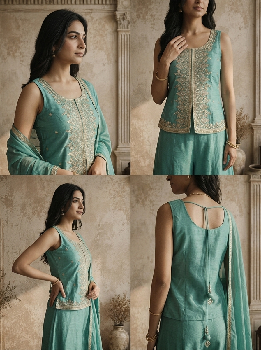Sea Green Chinon Zari Jaal Embroidered Three Piece Set