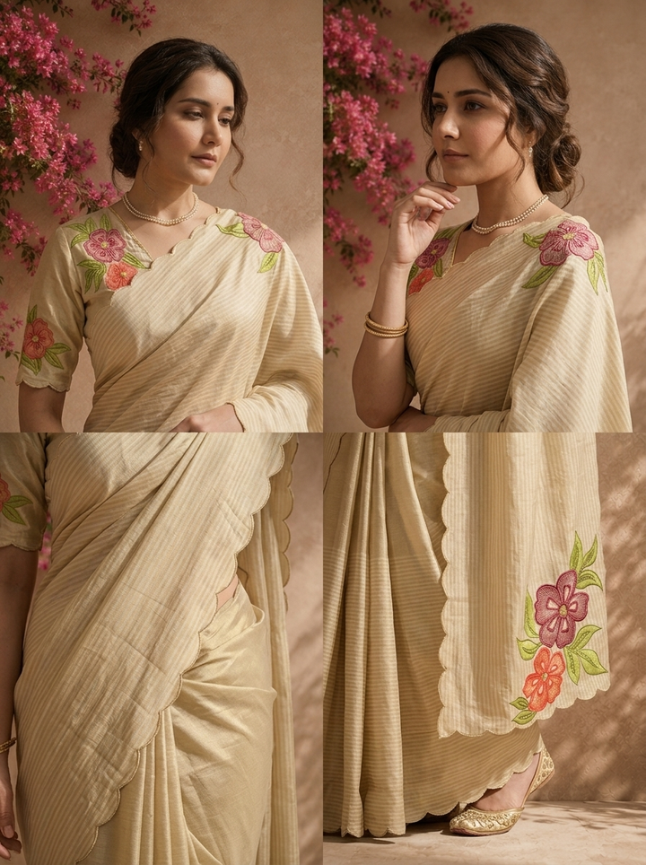Beige Tissue Stripes With Floral Embroidered Saree