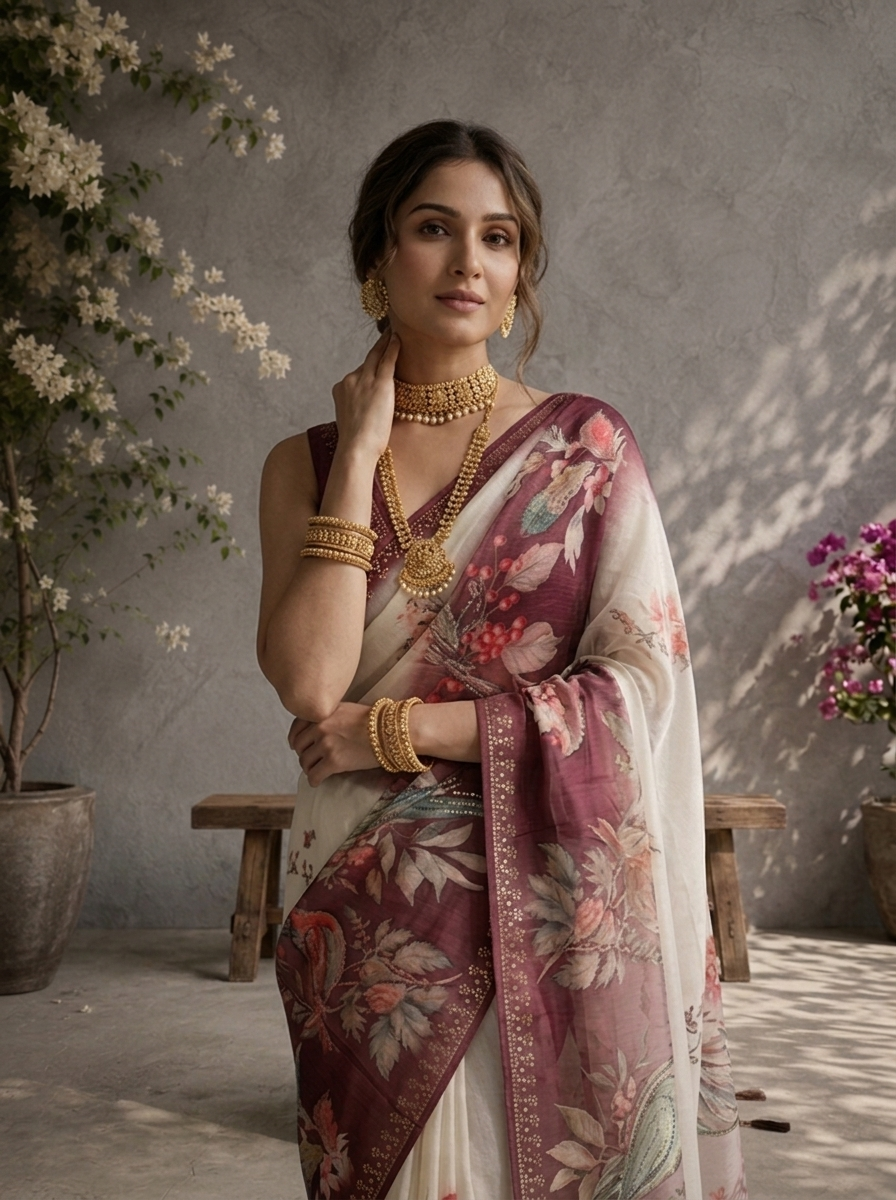Purple Tissue Pichwai Bird Printed Saree