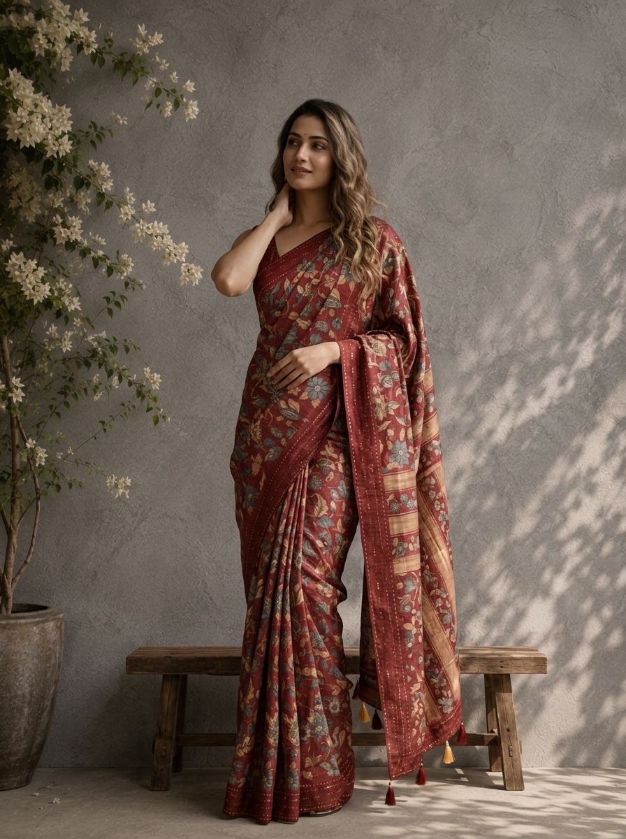 Maroon Silk Kalamkari Floral Jaal Printed Saree