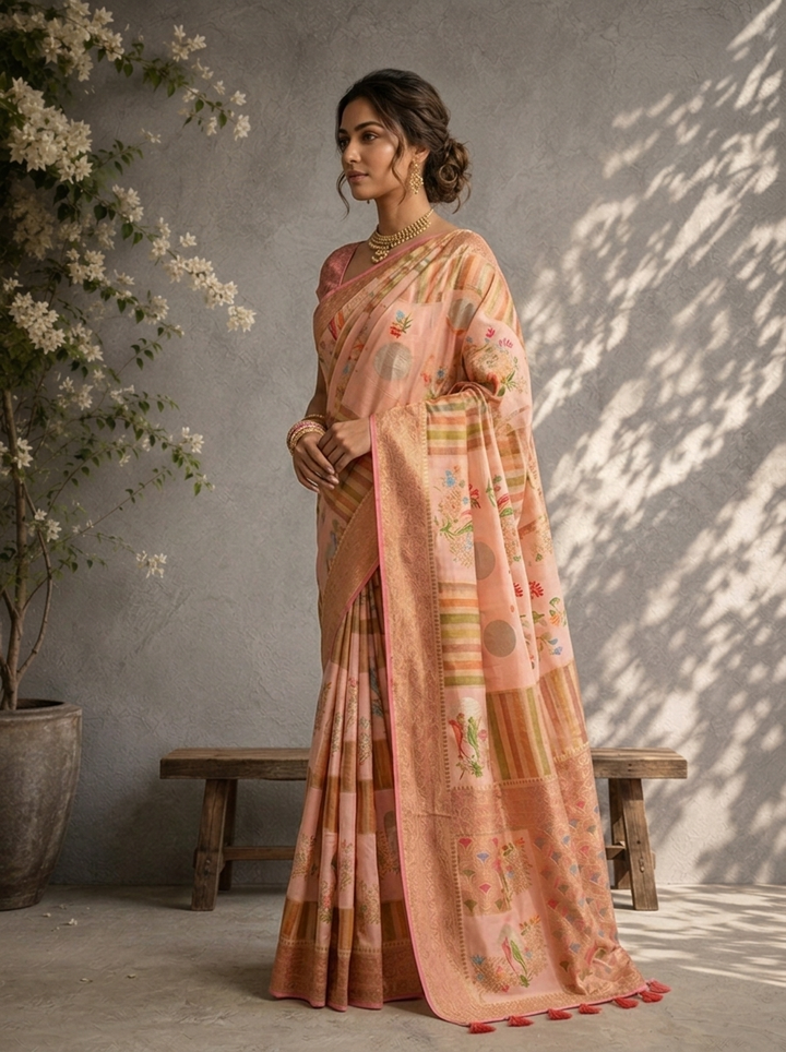 Peach Silk Zari Checks With Gharchola Parrot Motif Printed Saree