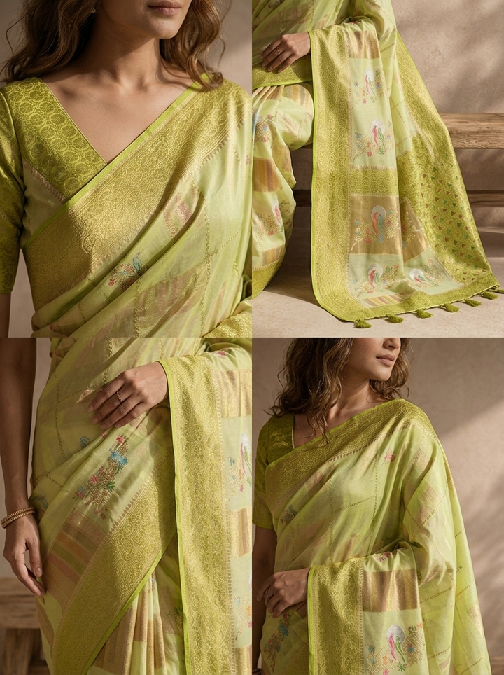 Pista Green Silk Zari Checks With Gharchola Parrot Motif Printed Saree