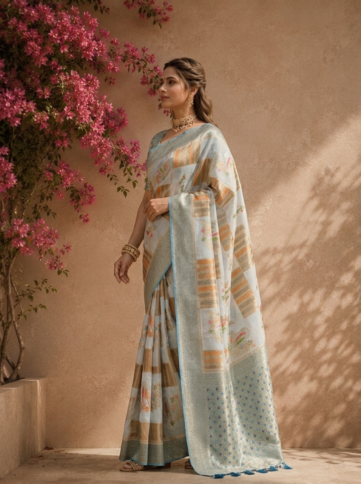Blue Silk Zari Checks With Gharchola Parrot Motif Printed Saree