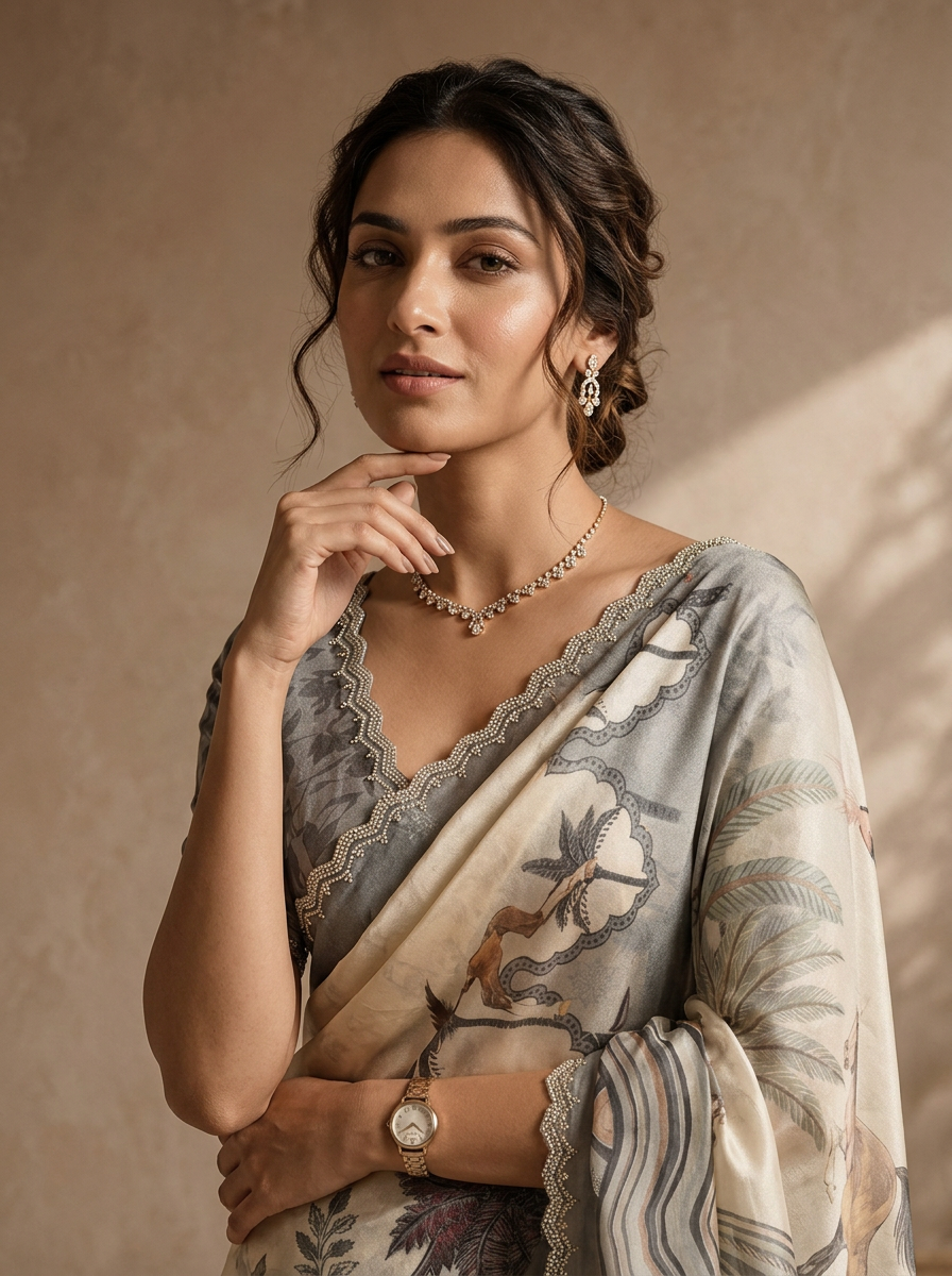 Grey Satin Tropical Pichwai Printed Saree