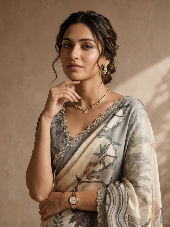 Grey Satin Tropical Pichwai Printed Saree