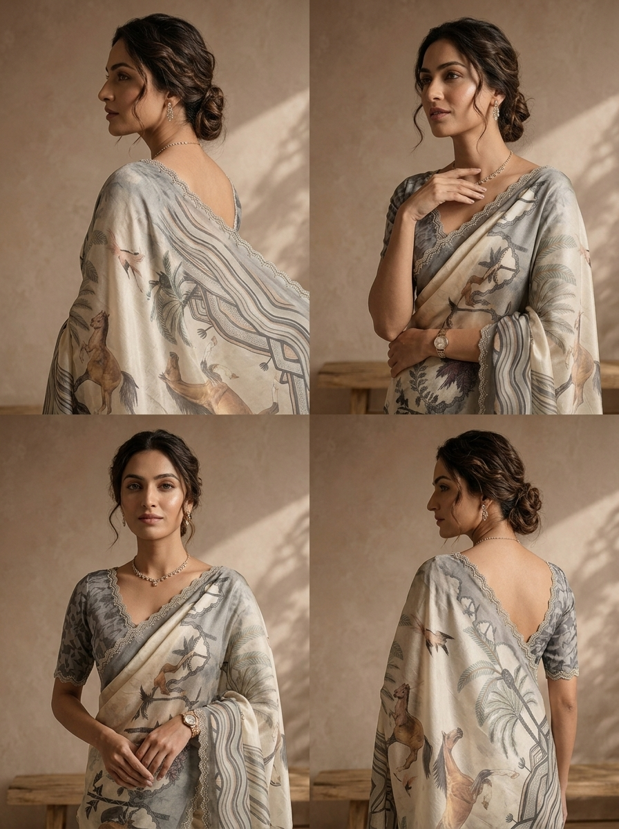Grey Satin Tropical Pichwai Printed Saree