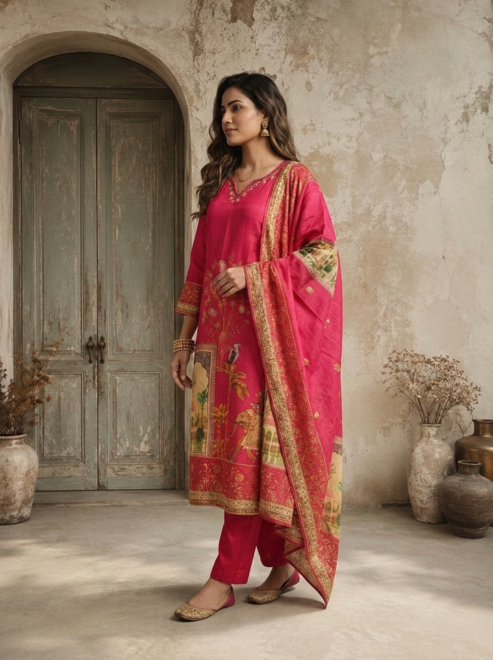 Magenta Silk Mughal Pichwai Printed Three Piece Set