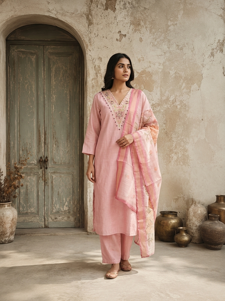 Rose Pink Chanderi Floral Embroidered Three Piece Set