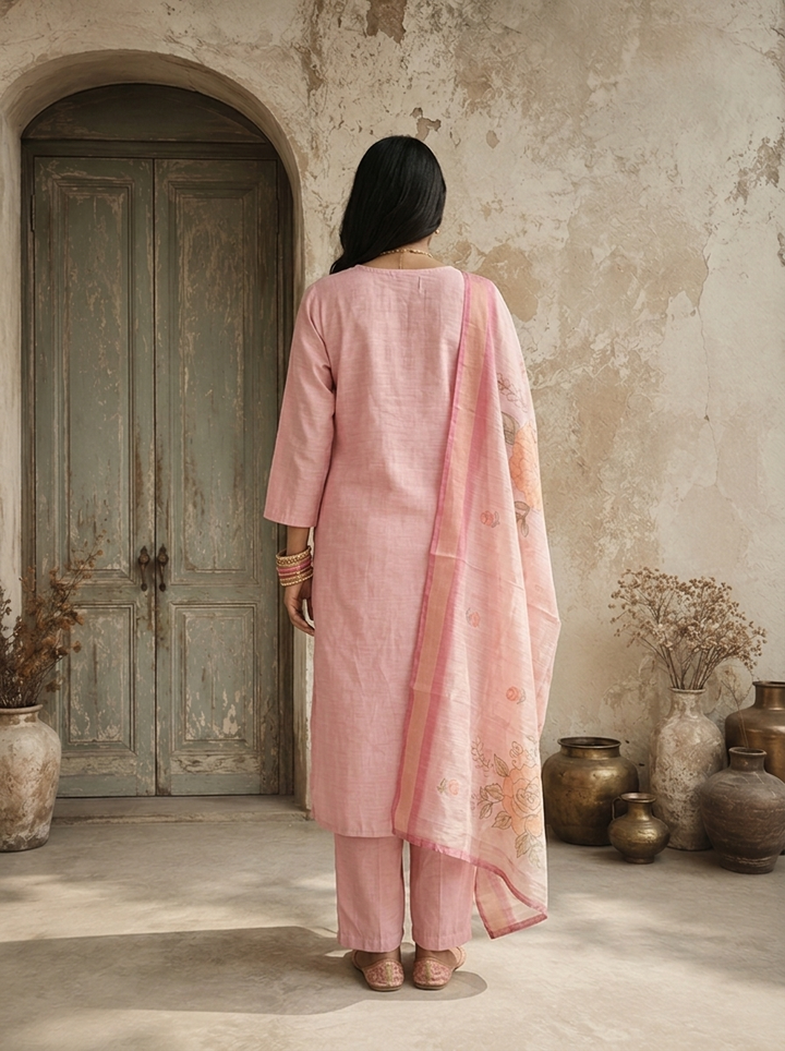 Rose Pink Chanderi Floral Embroidered Three Piece Set