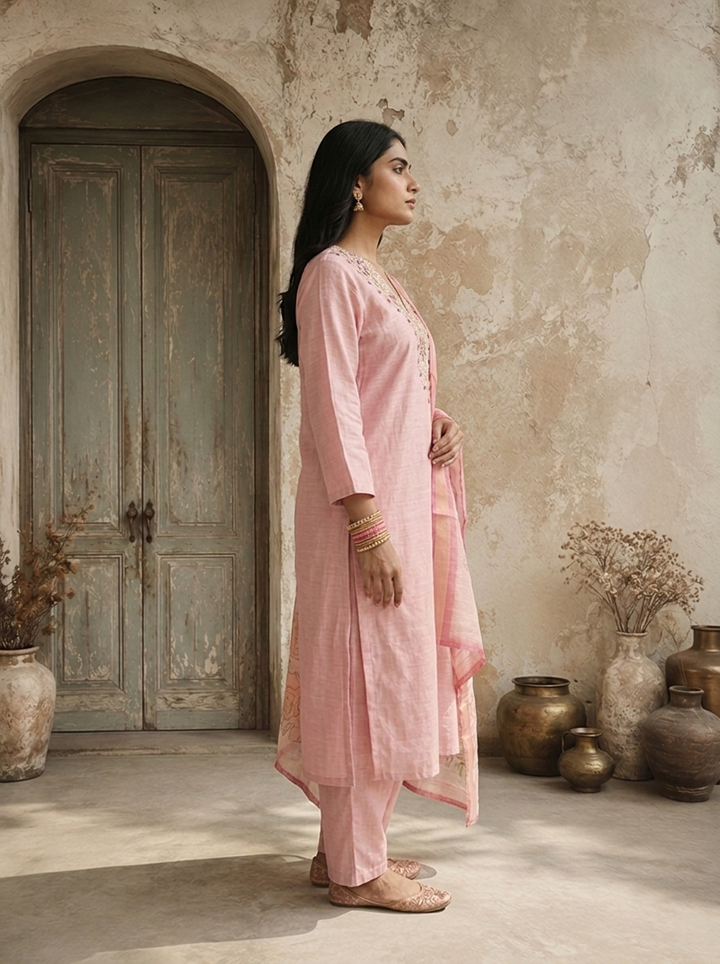 Rose Pink Chanderi Floral Embroidered Three Piece Set