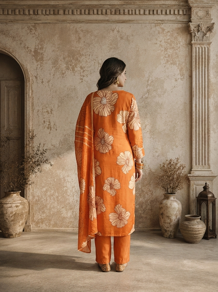 Burnt Orange Satin Abstract Floral Printed Three Piece Set