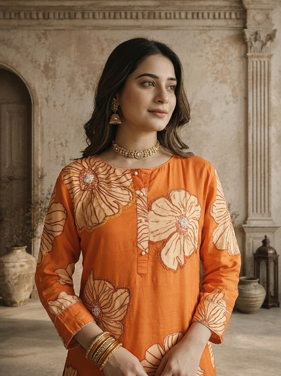 Burnt Orange Satin Abstract Floral Printed Three Piece Set