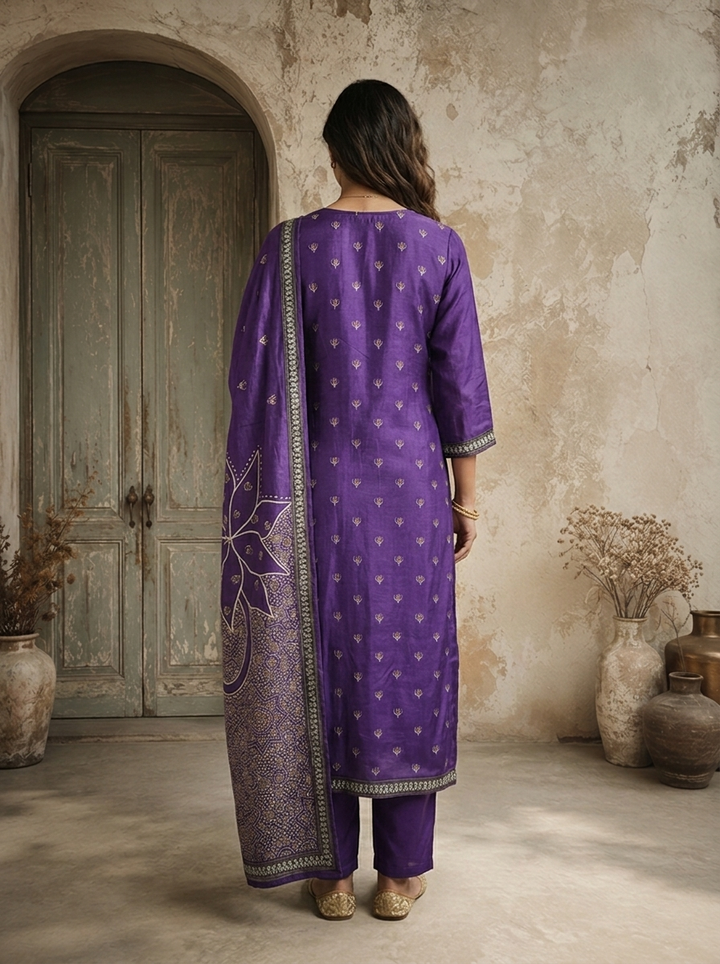 Purple Silk Ajrakh Patch Applique Printed Three Piece Set