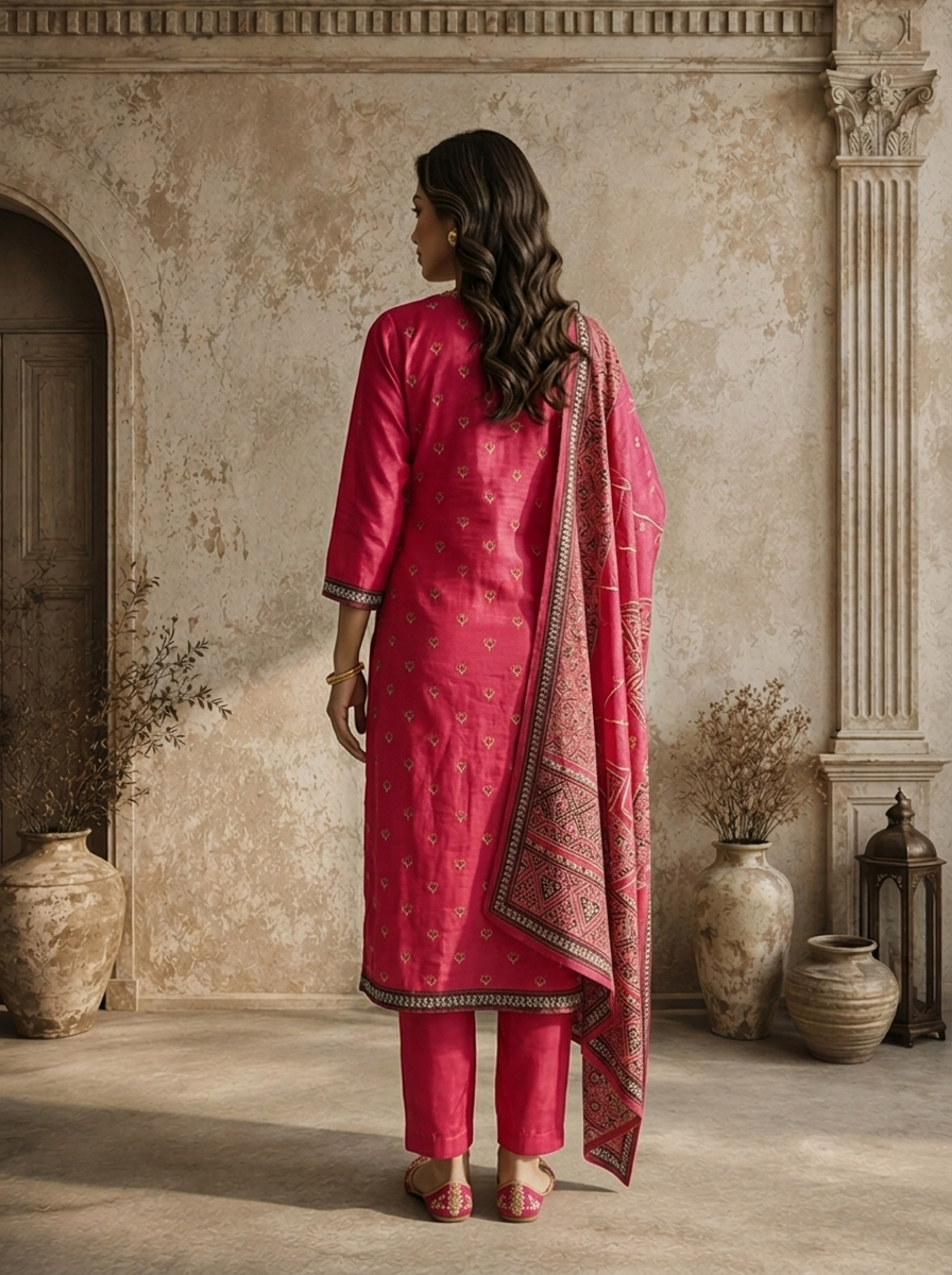 Magenta Silk Ajrakh Patch Applique Printed Three Piece Set
