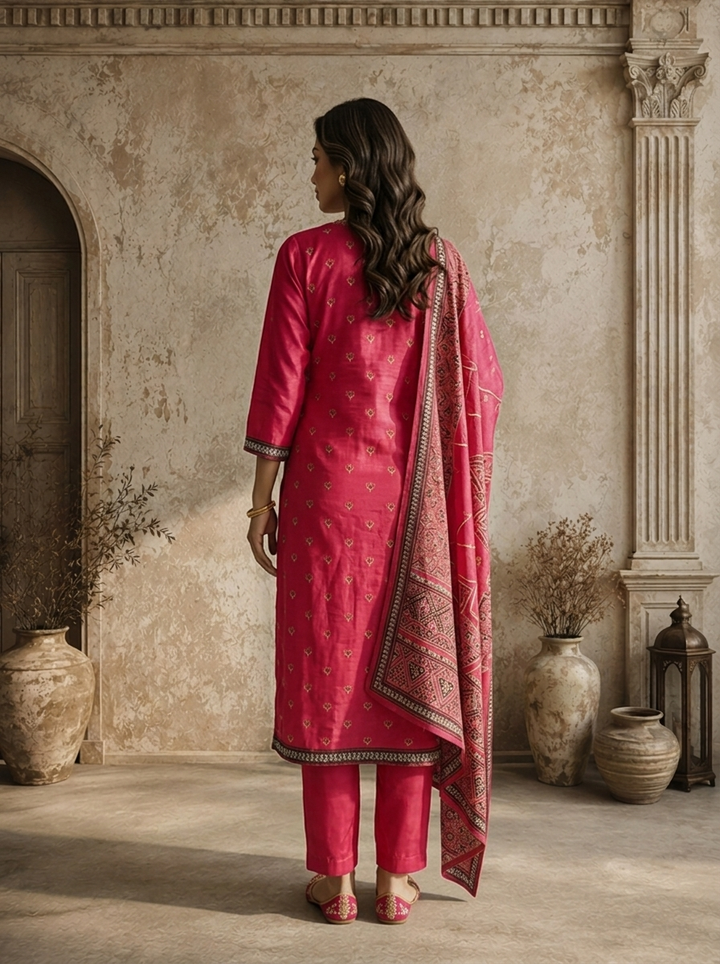 Magenta Silk Ajrakh Patch Applique Printed Three Piece Set