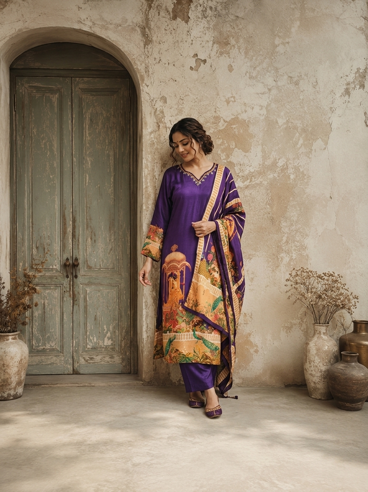 Purple Silk Mughal Darbar Pichwai Printed Three Piece Set