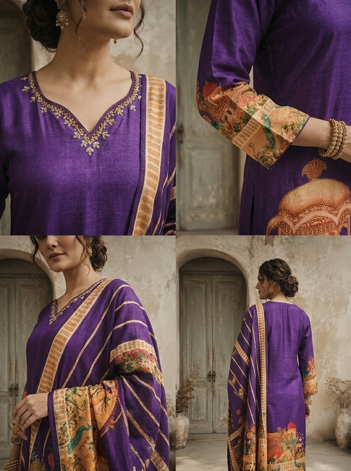 Purple Silk Mughal Darbar Pichwai Printed Three Piece Set