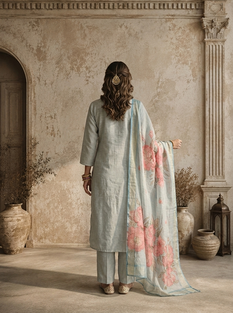 Aqua Chanderi Floral Embroidered Three Piece Set