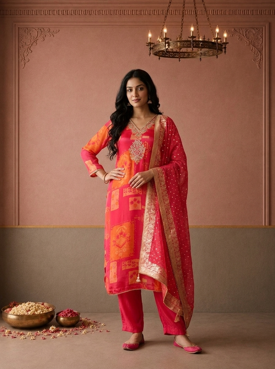 Magenta Crepe Geometric Patchwork Printed Three Piece Set