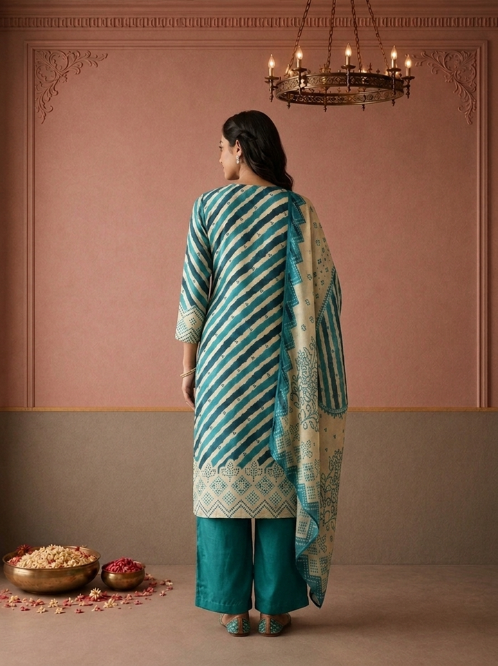 Rama Crepe Diagonal Leheriya Stripes Printed Three Piece Set