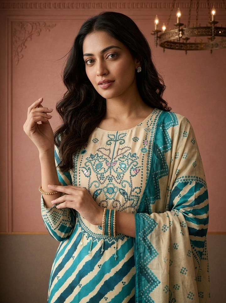 Rama Crepe Diagonal Leheriya Stripes Printed Three Piece Set