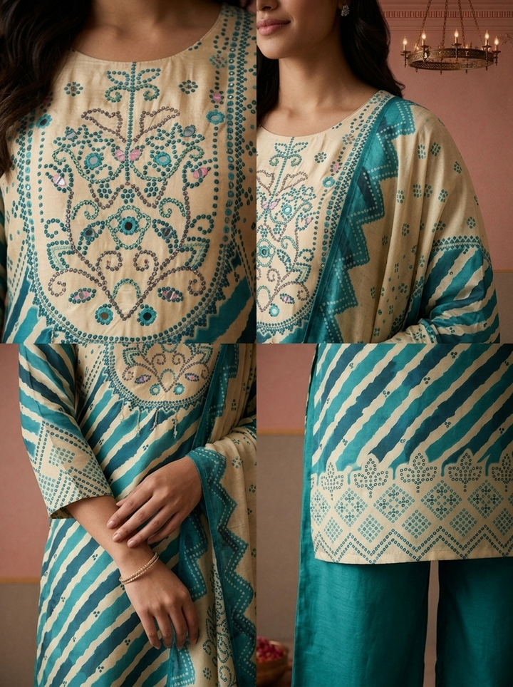Rama Crepe Diagonal Leheriya Stripes Printed Three Piece Set