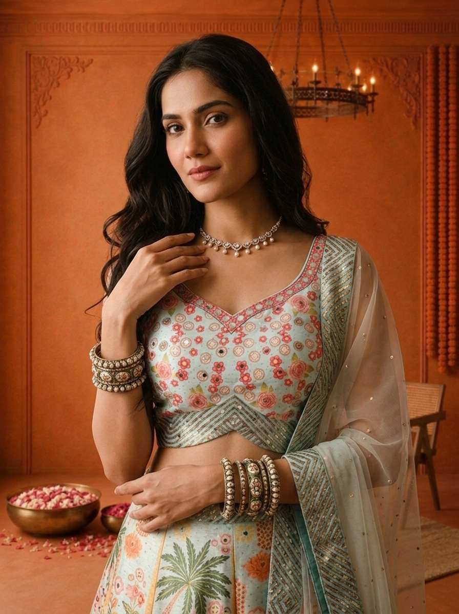 Sea Green Silk Tropical Floral Printed Ghagra Set