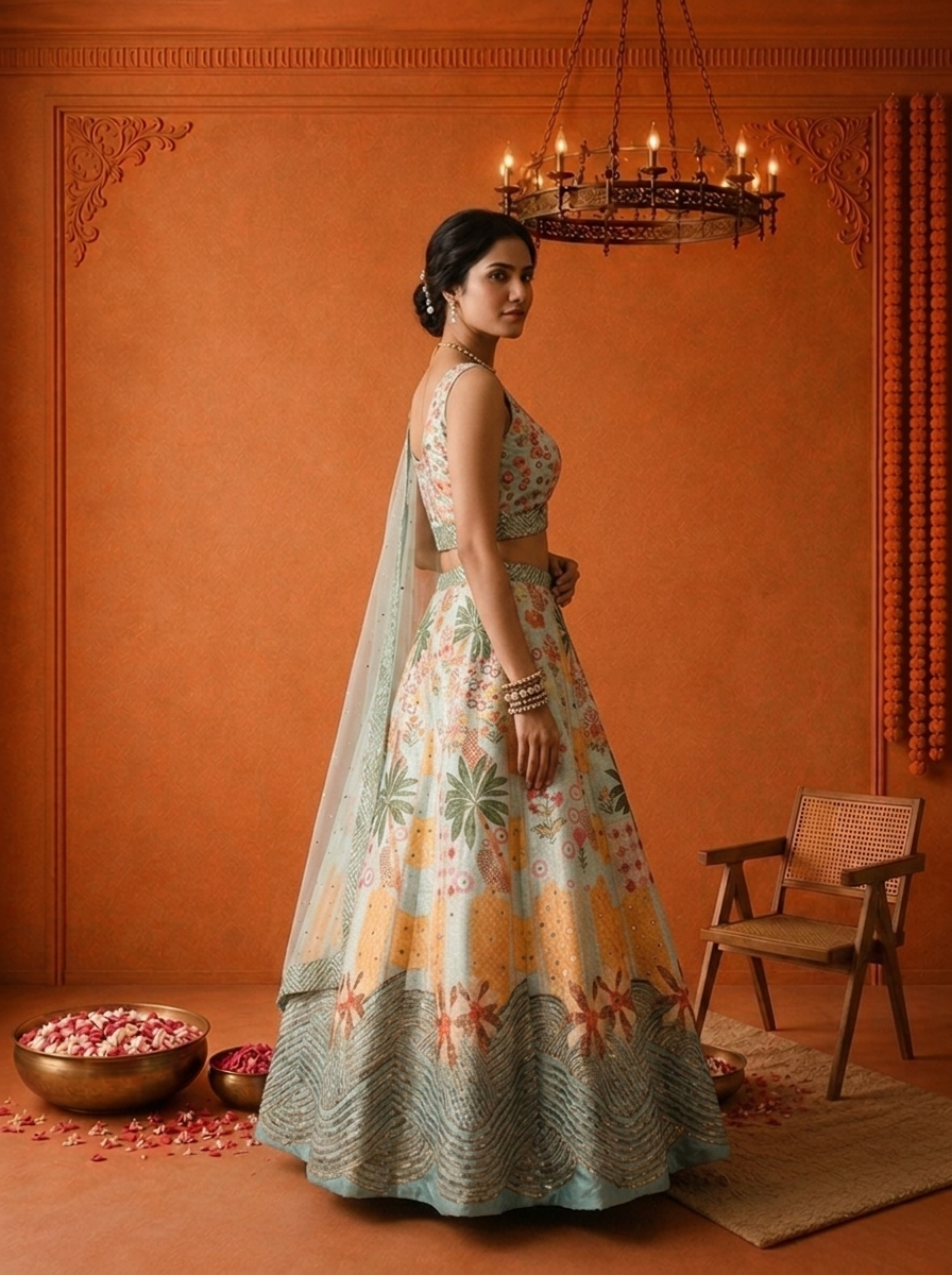 Sea Green Silk Tropical Floral Printed Ghagra Set