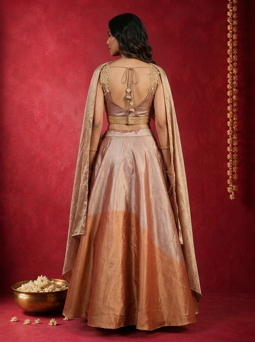 Copper Rose Gold Tissue Zardozi Mandala Embroidered Ghagra Set