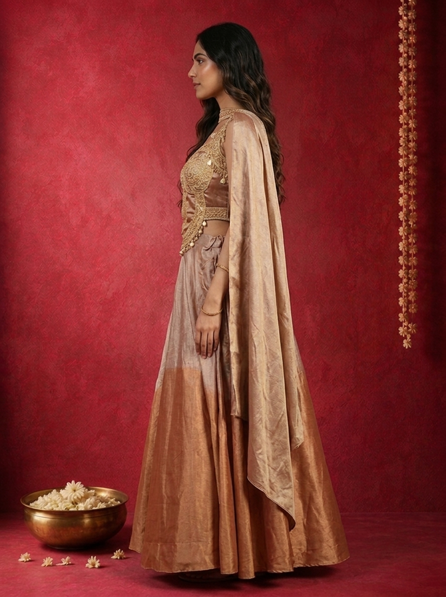 Copper Rose Gold Tissue Zardozi Mandala Embroidered Ghagra Set
