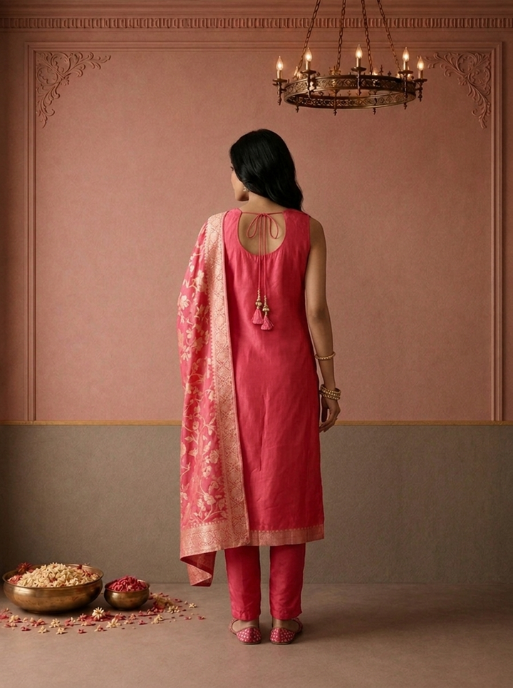 Pink Silk Zari Butta Weaved Three Piece Set