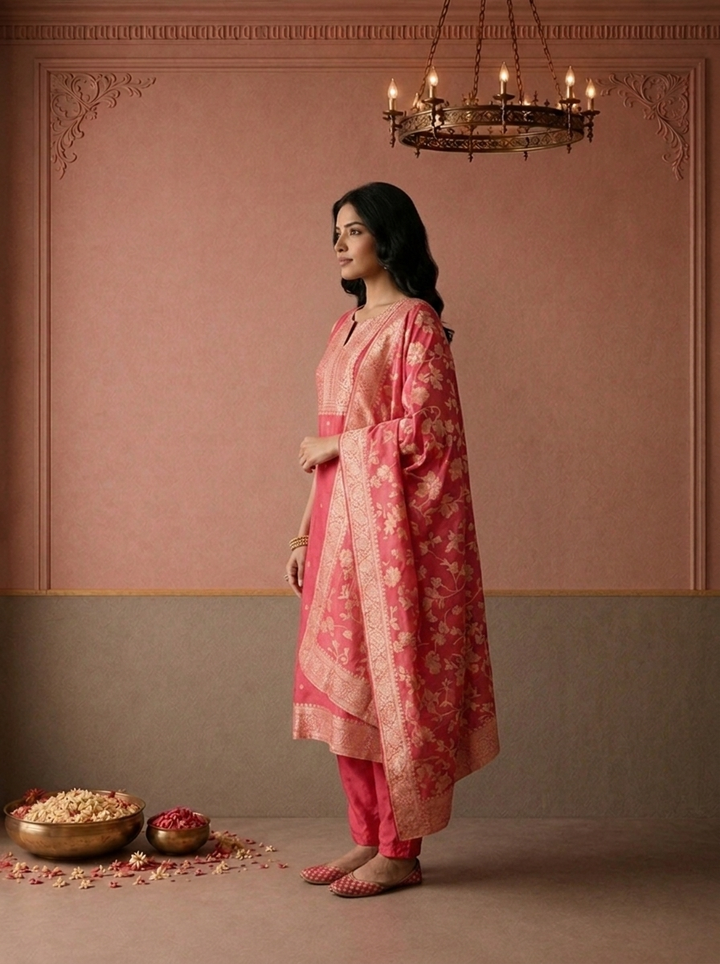 Pink Silk Zari Butta Weaved Three Piece Set