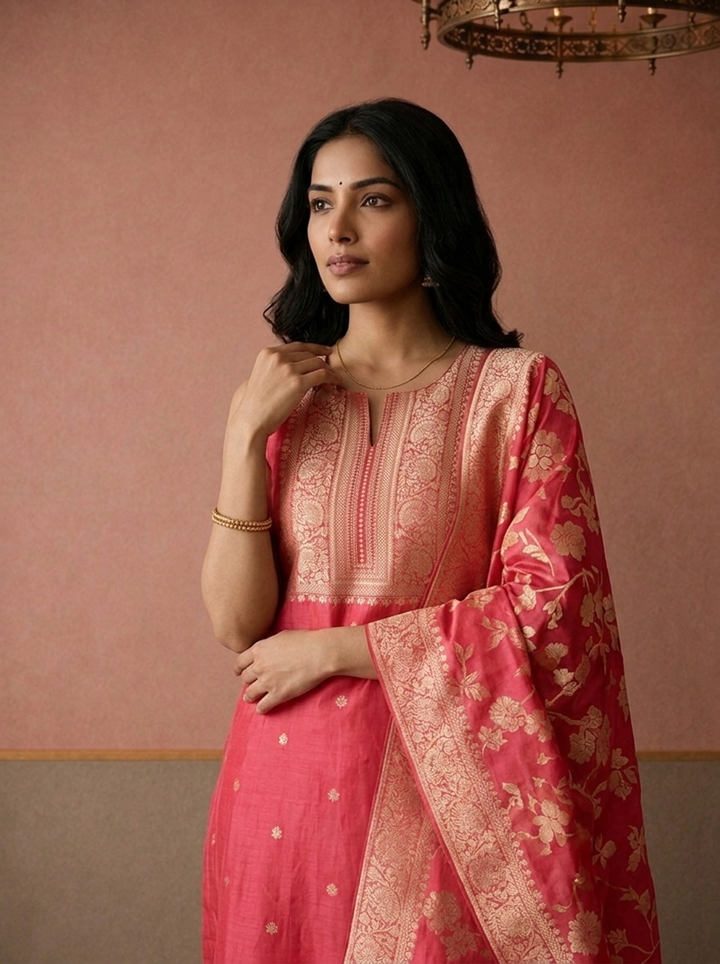 Pink Silk Zari Butta Weaved Three Piece Set
