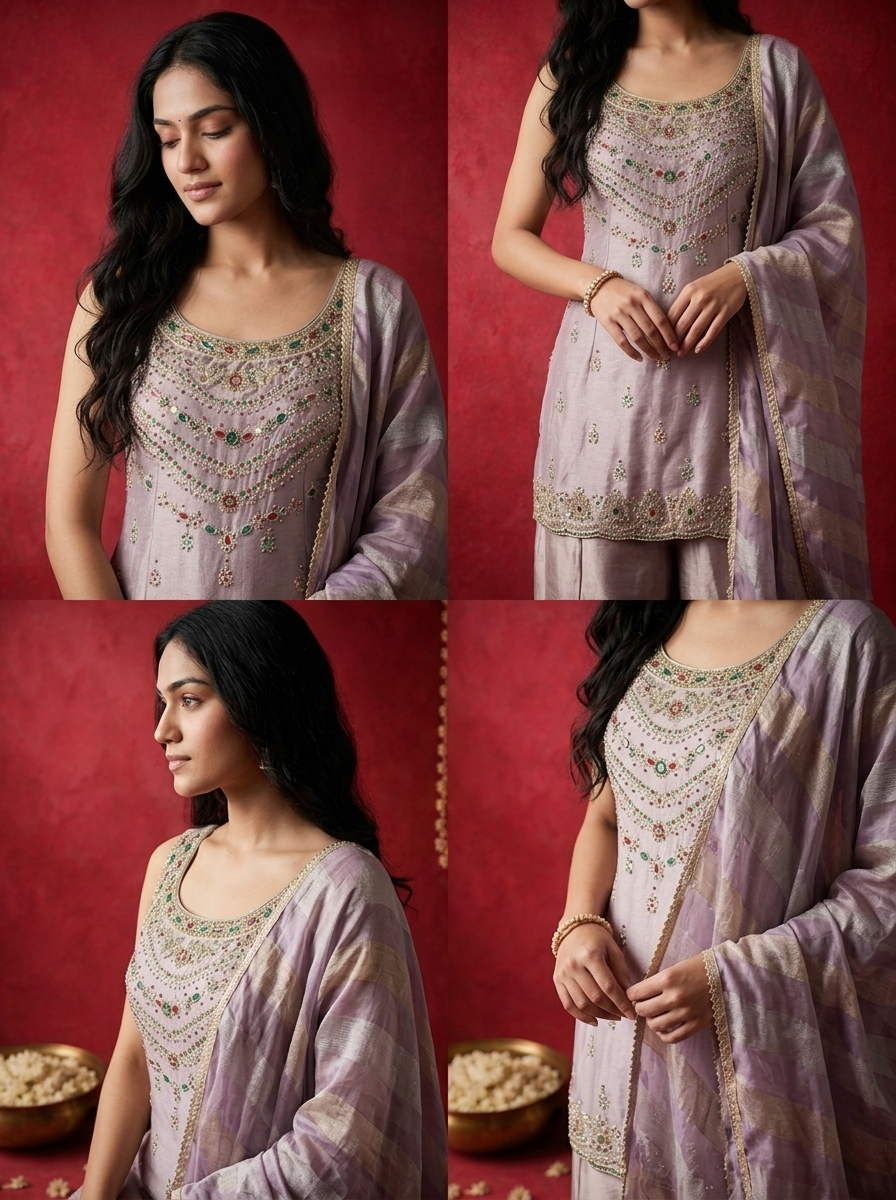 Lavender Tissue Multi-Color Stone Embroidered Three Piece Set