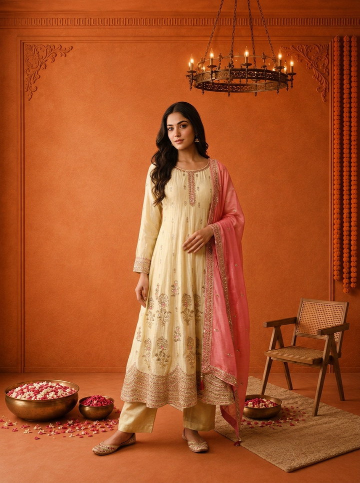 Cream Tissue Zari Floral Heavy Embroidered Three Piece Set