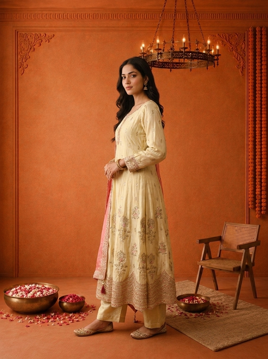 Cream Tissue Zari Floral Heavy Embroidered Three Piece Set